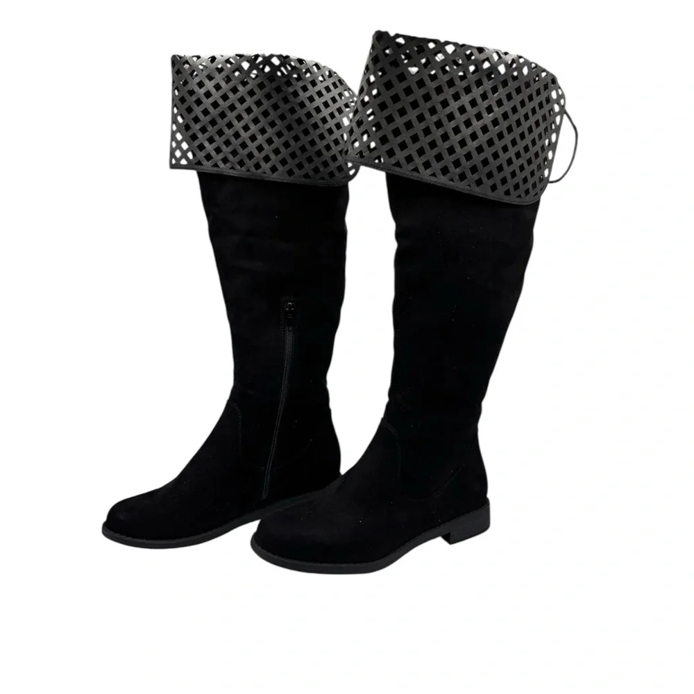 Alaia Black Over the Knee Boots with Lattice Cuff